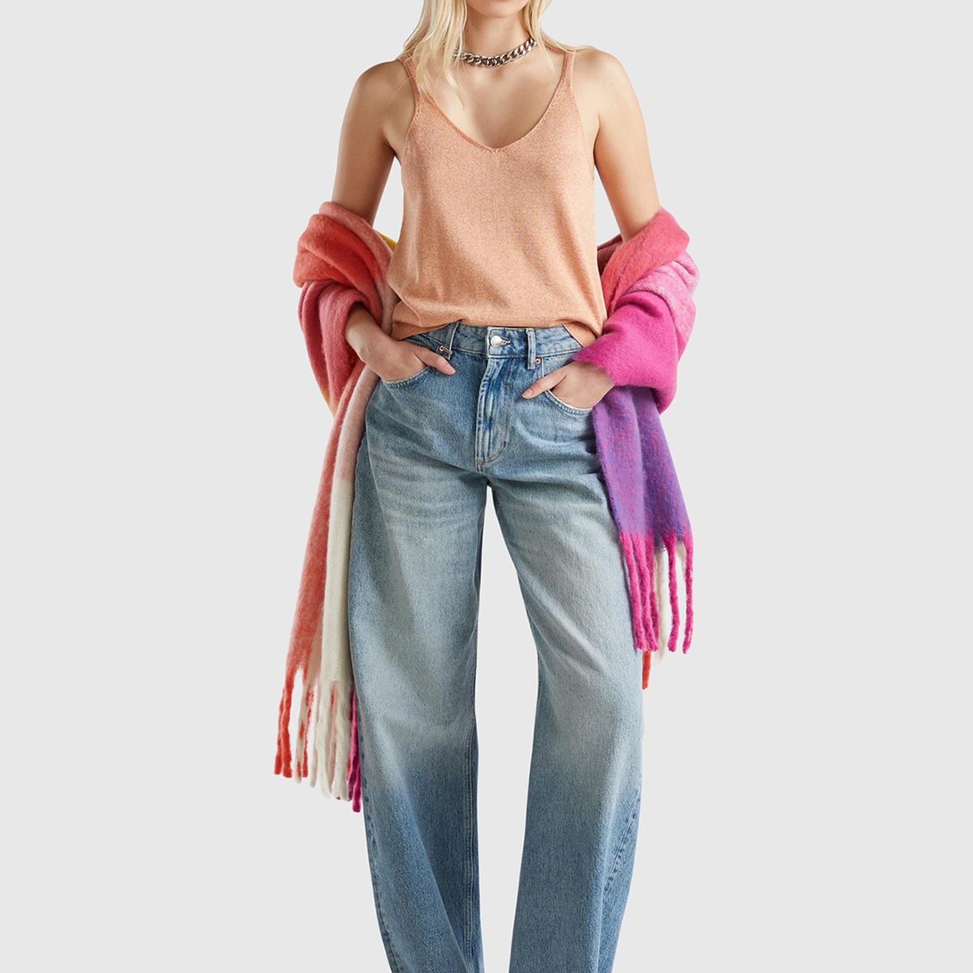 Kadın Turuncu Pamuk ve Viskoz Karışımlı Simli Geniş Yaka Askılı Üst