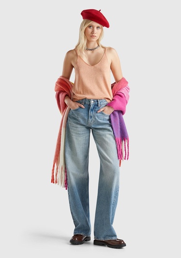  Kadın Turuncu Pamuk ve Viskoz Karışımlı Simli Geniş Yaka Askılı Üst