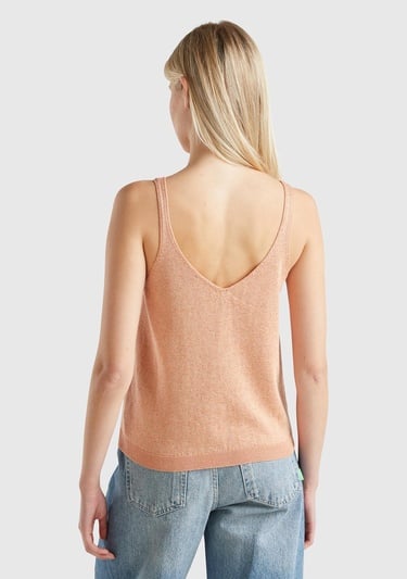  Kadın Turuncu Pamuk ve Viskoz Karışımlı Simli Geniş Yaka Askılı Üst