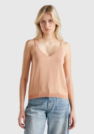  Kadın Turuncu Pamuk ve Viskoz Karışımlı Simli Geniş Yaka Askılı Üst