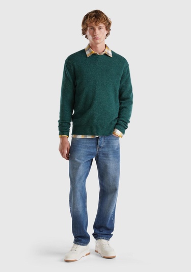  Erkek Yeşil Melanj Bisiklet Yaka Shetland Kazak