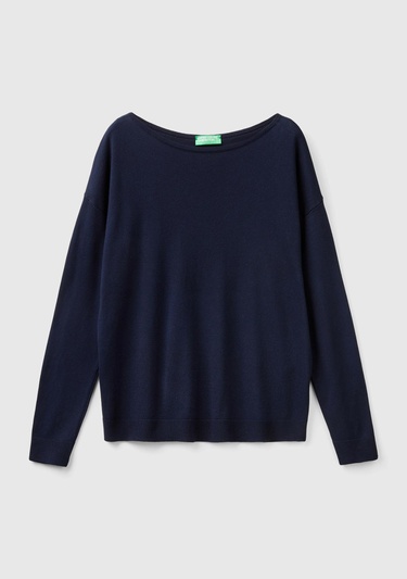  Kadın Lacivert Pamuk ve Modal Karışımlı Ribana Detaylı Kayık Yaka Kazak