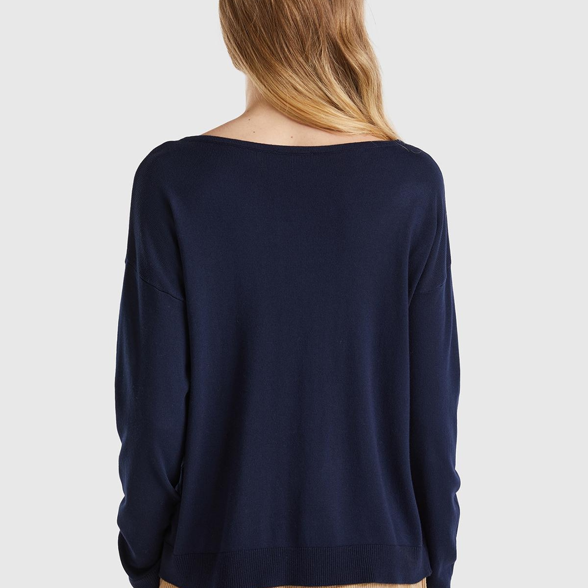 Kadın Lacivert Pamuk ve Modal Karışımlı Ribana Detaylı Kayık Yaka Kazak