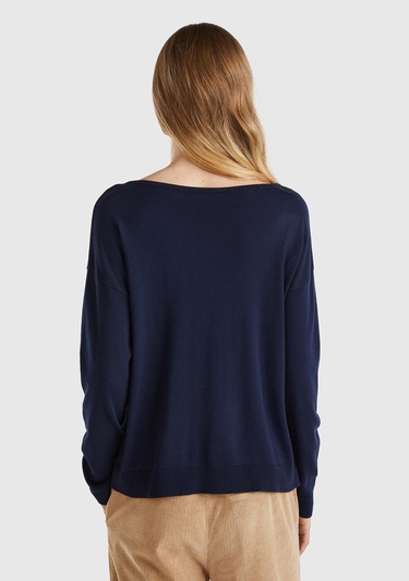  Kadın Lacivert Pamuk ve Modal Karışımlı Ribana Detaylı Kayık Yaka Kazak