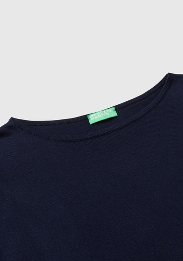  Kadın Lacivert Pamuk ve Modal Karışımlı Ribana Detaylı Kayık Yaka Kazak