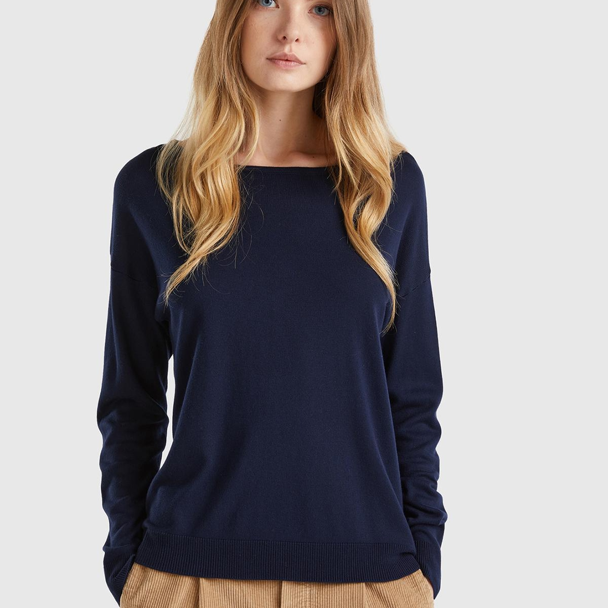 Kadın Lacivert Pamuk ve Modal Karışımlı Ribana Detaylı Kayık Yaka Kazak