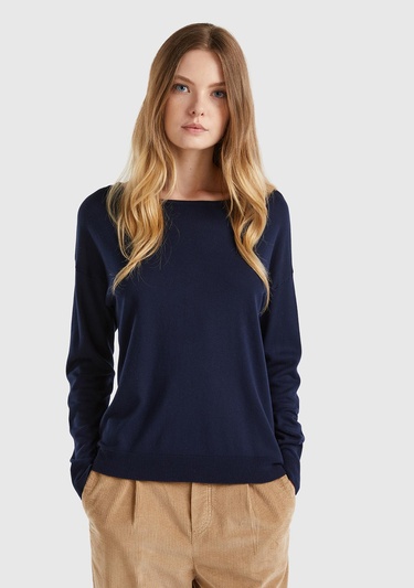  Kadın Lacivert Pamuk ve Modal Karışımlı Ribana Detaylı Kayık Yaka Kazak