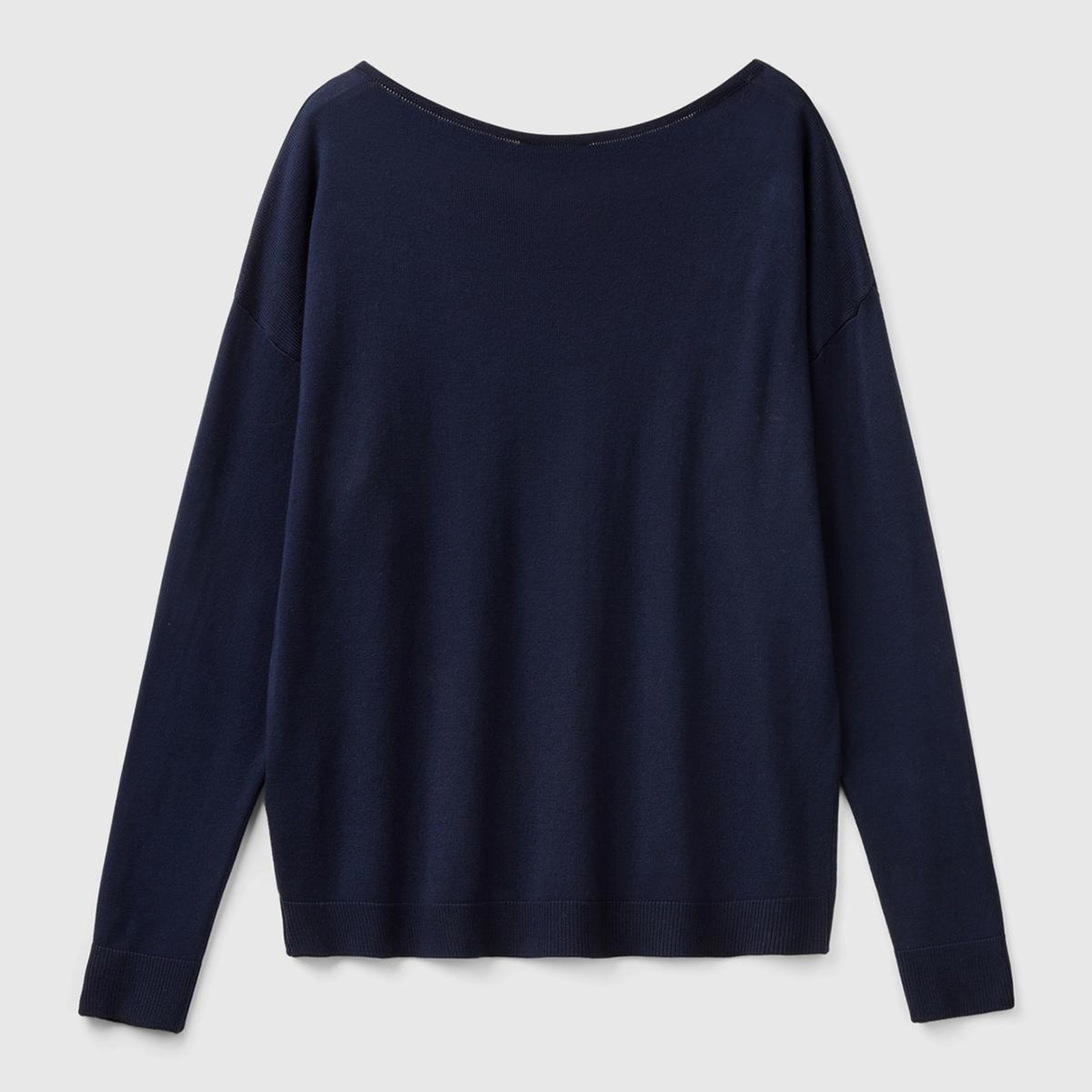 Kadın Lacivert Pamuk ve Modal Karışımlı Ribana Detaylı Kayık Yaka Kazak