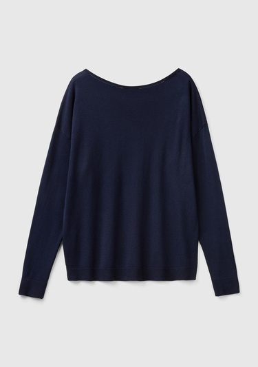  Kadın Lacivert Pamuk ve Modal Karışımlı Ribana Detaylı Kayık Yaka Kazak