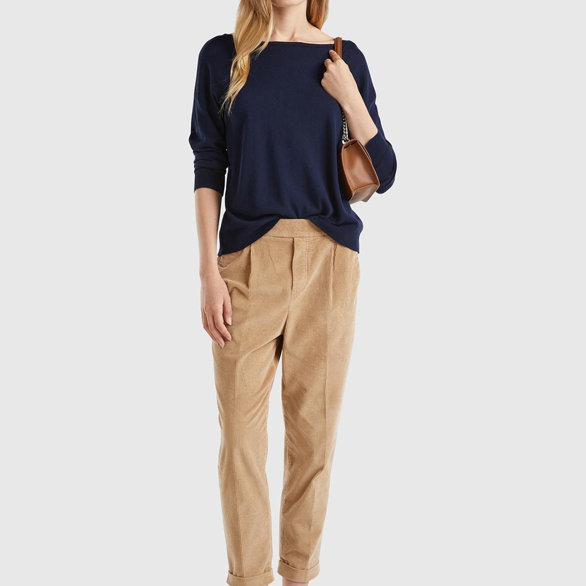 Kadın Lacivert Pamuk ve Modal Karışımlı Ribana Detaylı Kayık Yaka Kazak