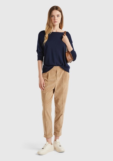  Kadın Lacivert Pamuk ve Modal Karışımlı Ribana Detaylı Kayık Yaka Kazak