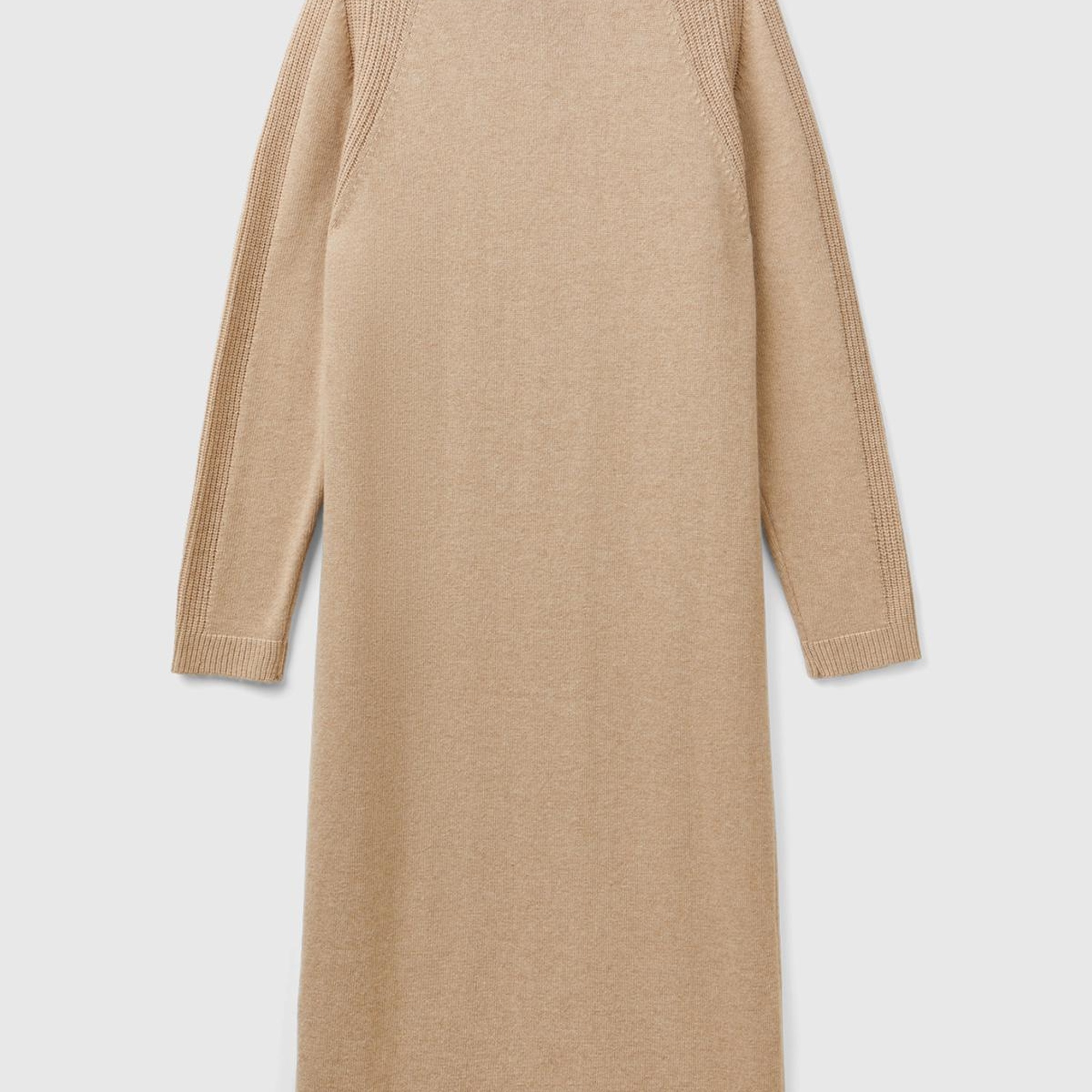 Kadın Bej Yün ve Kaşmir Karışımlı Uzun Dik Yaka Elbise