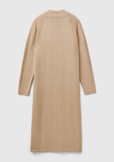  Kadın Bej Yün ve Kaşmir Karışımlı Uzun Dik Yaka Elbise