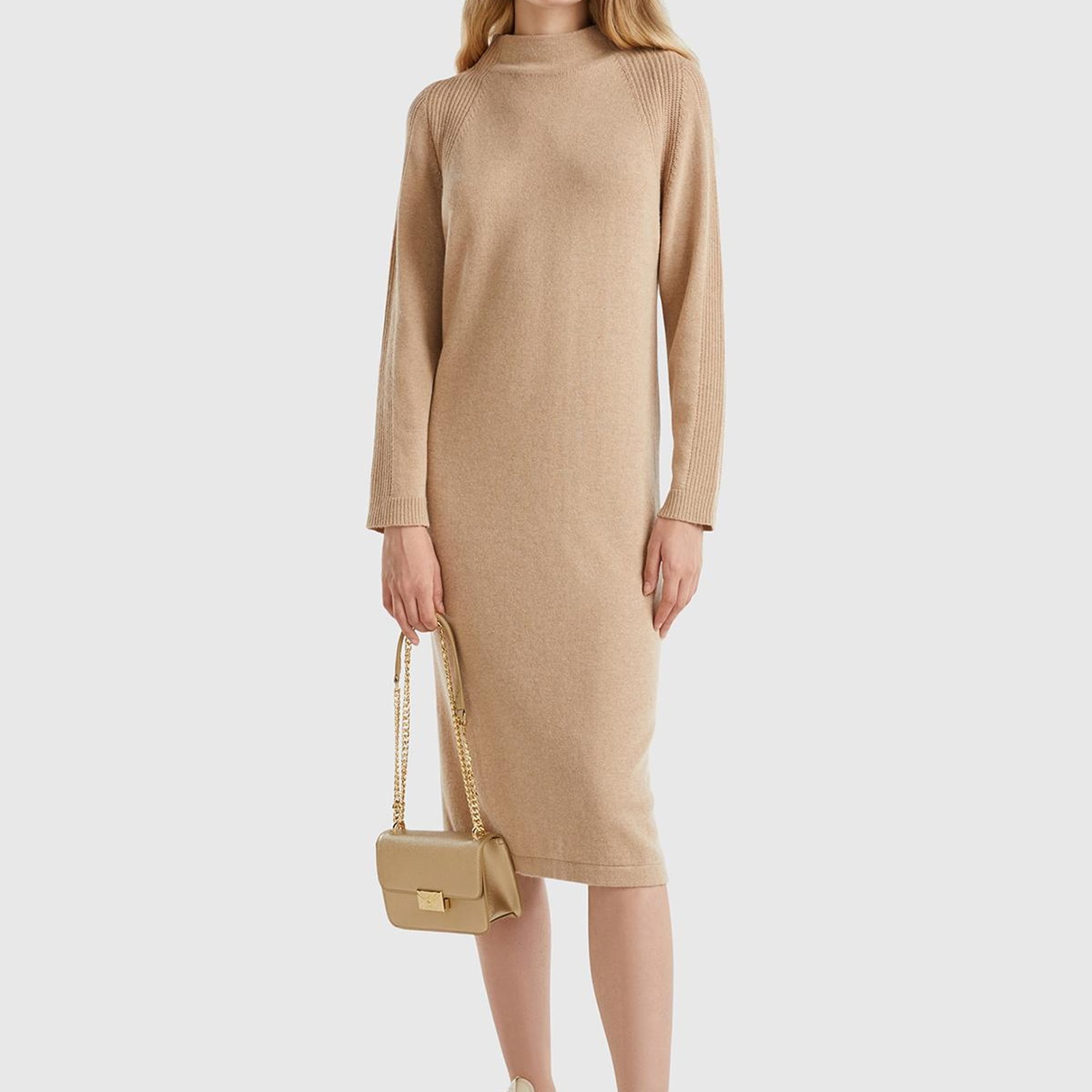 Kadın Bej Yün ve Kaşmir Karışımlı Uzun Dik Yaka Elbise