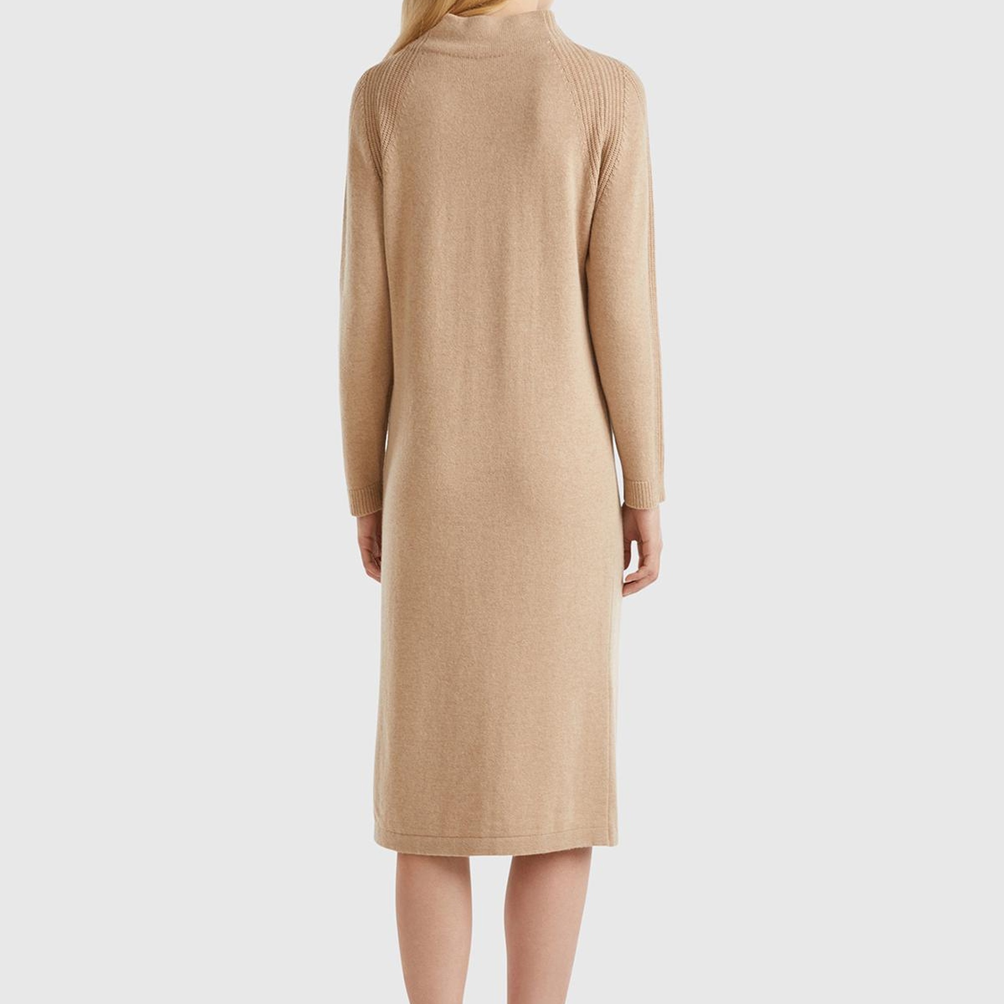 Kadın Bej Yün ve Kaşmir Karışımlı Uzun Dik Yaka Elbise