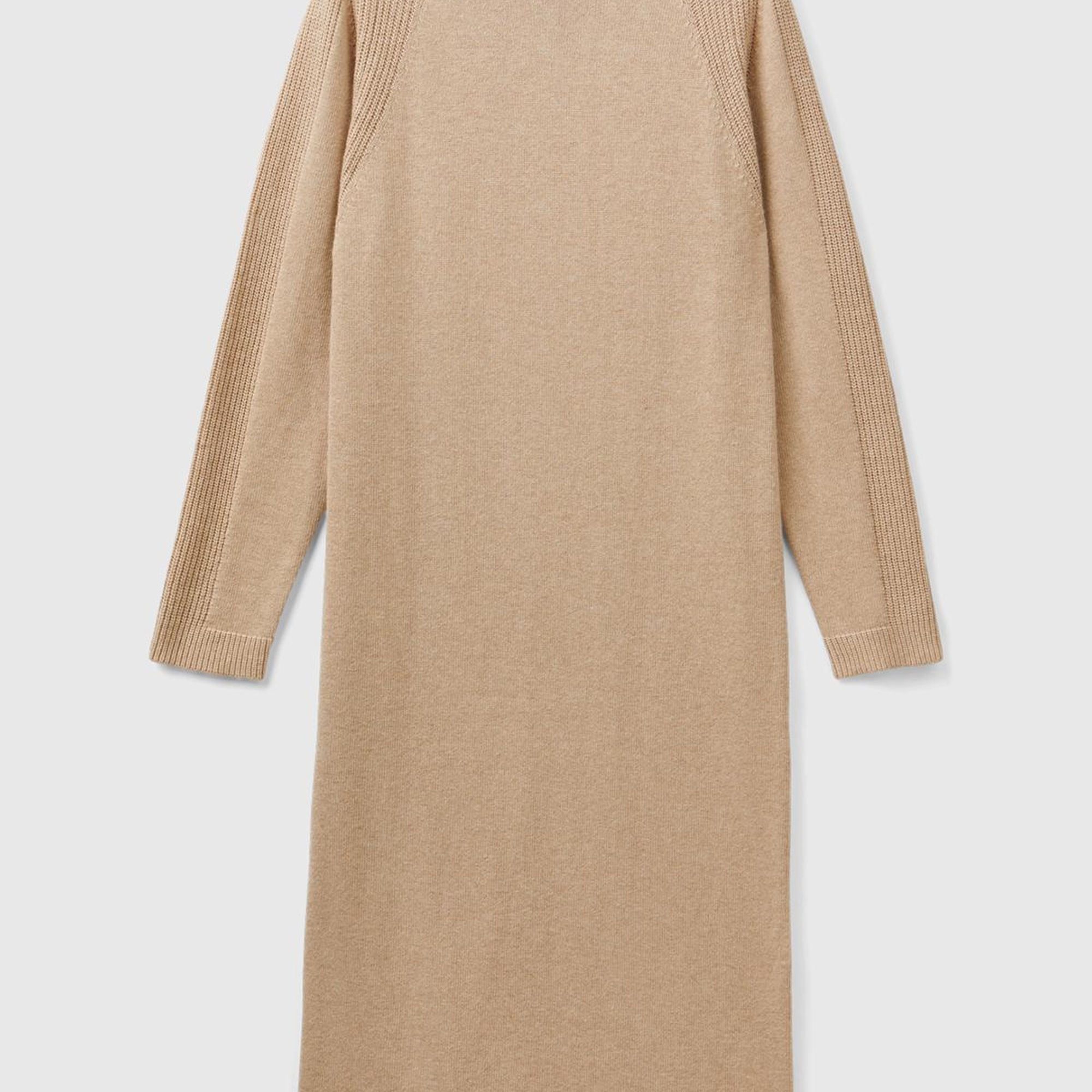 Kadın Bej Yün ve Kaşmir Karışımlı Uzun Dik Yaka Elbise