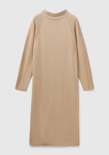  Kadın Bej Yün ve Kaşmir Karışımlı Uzun Dik Yaka Elbise