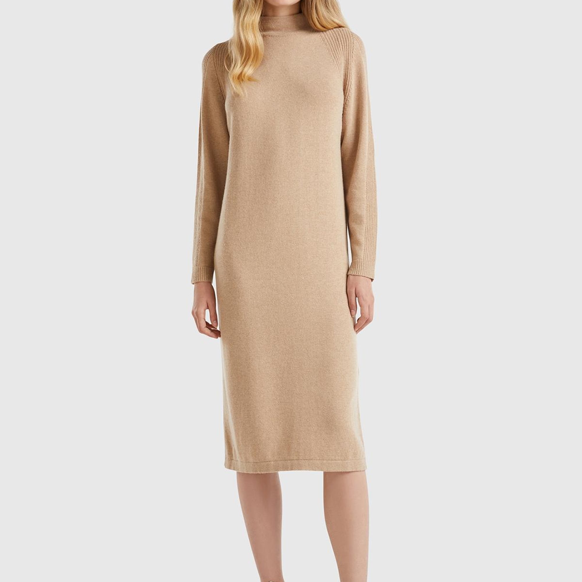 Kadın Bej Yün ve Kaşmir Karışımlı Uzun Dik Yaka Elbise