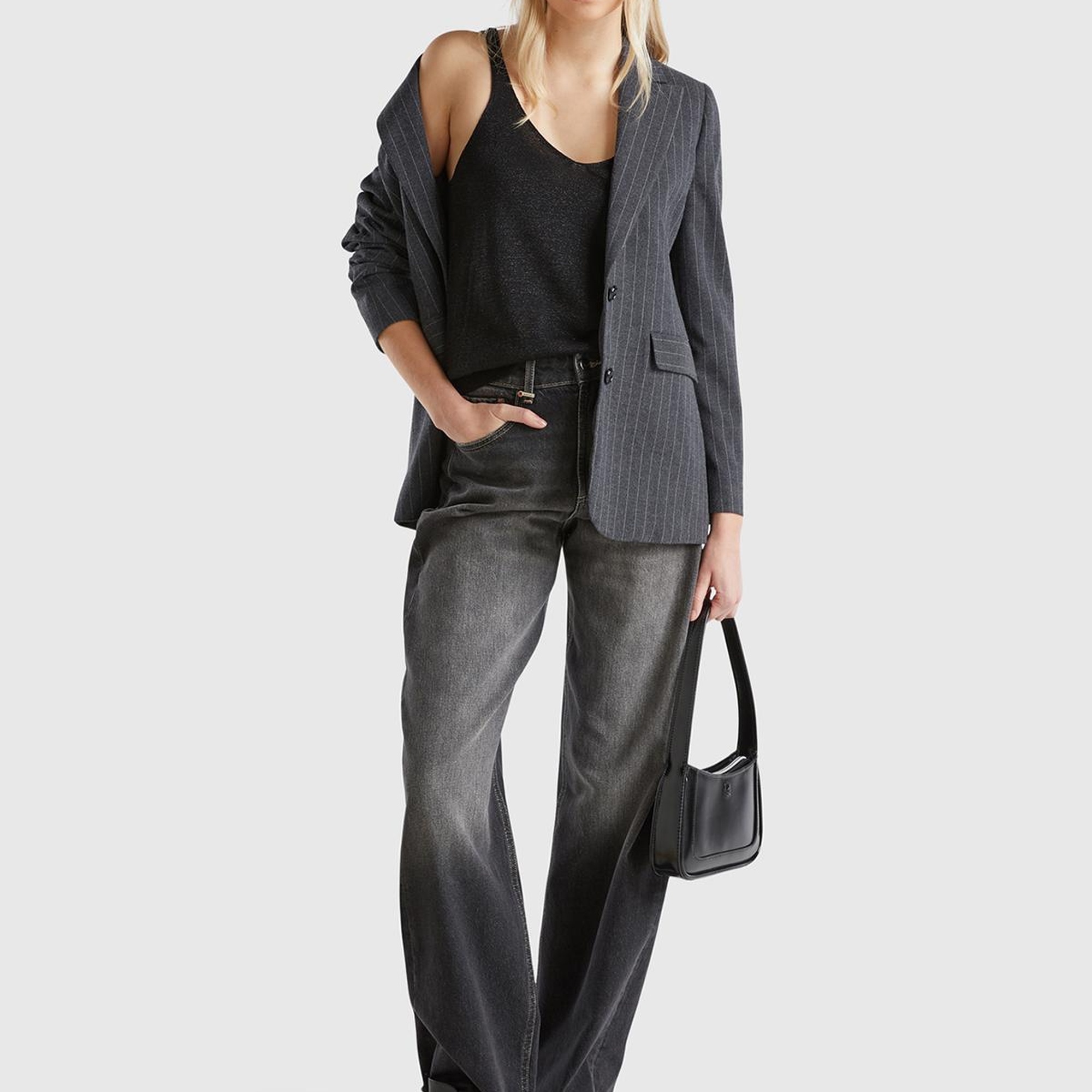 Kadın Siyah Pamuk ve Viskoz Karışımlı Simli Geniş Yaka Askılı Üst