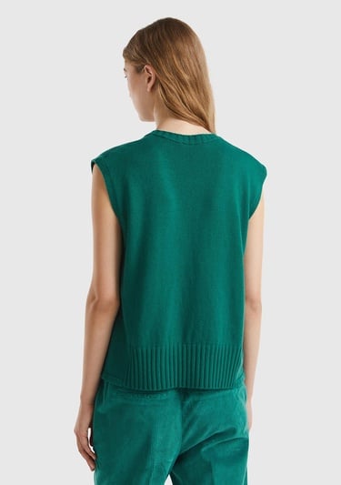  Kadın Koyu Yeşil Yün ve Viskoz Karışımlı Bisiklet Yaka Kolsuz Kazak