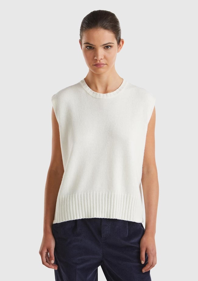  Kadın Krem Yün ve Viskoz Karışımlı Bisiklet Yaka Kolsuz Kazak