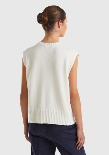  Kadın Krem Yün ve Viskoz Karışımlı Bisiklet Yaka Kolsuz Kazak