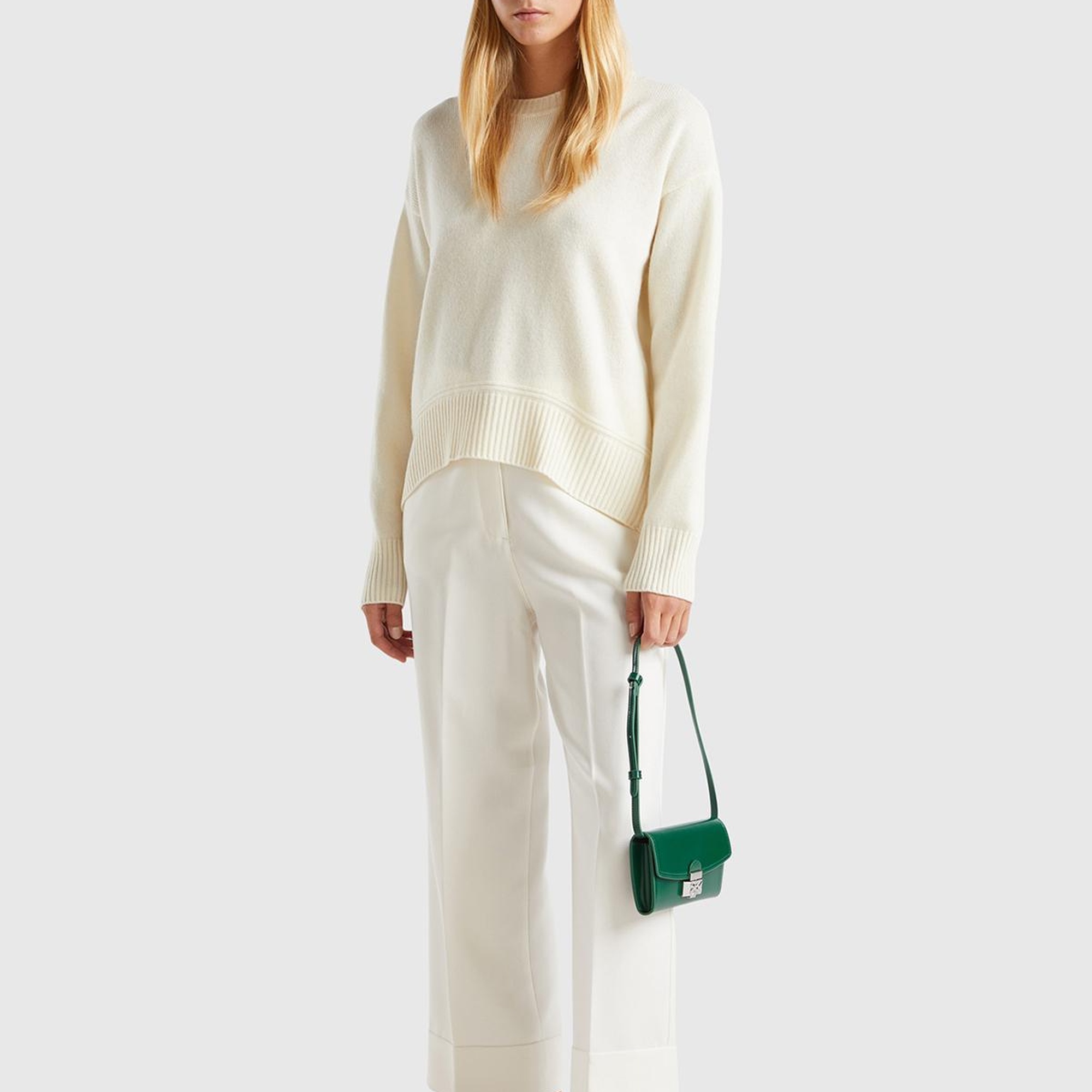 Kadın Krem Yün Karışımlı Alt Kısmı Geniş Bisiklet Yaka Kazak