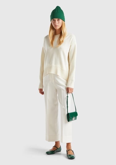  Kadın Krem Yün Karışımlı Alt Kısmı Geniş Bisiklet Yaka Kazak