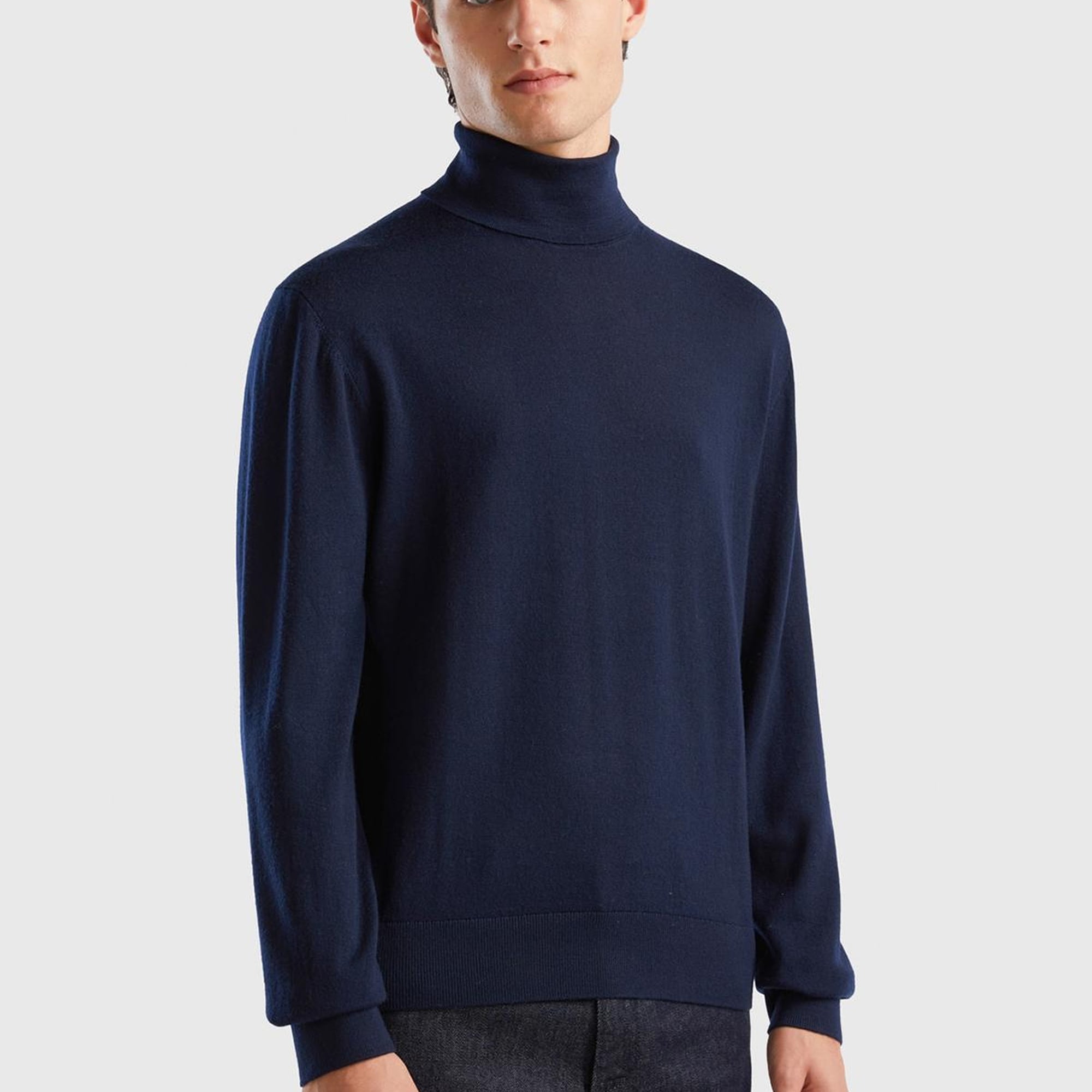 Erkek Lacivert %100 Extra Fine Merino Dik Yaka Kazak