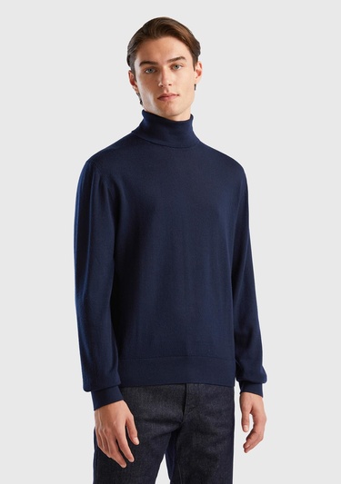  Erkek Lacivert %100 Extra Fine Merino Dik Yaka Kazak