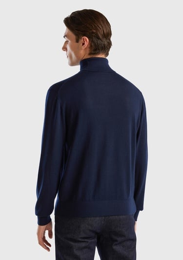  Erkek Lacivert %100 Extra Fine Merino Dik Yaka Kazak