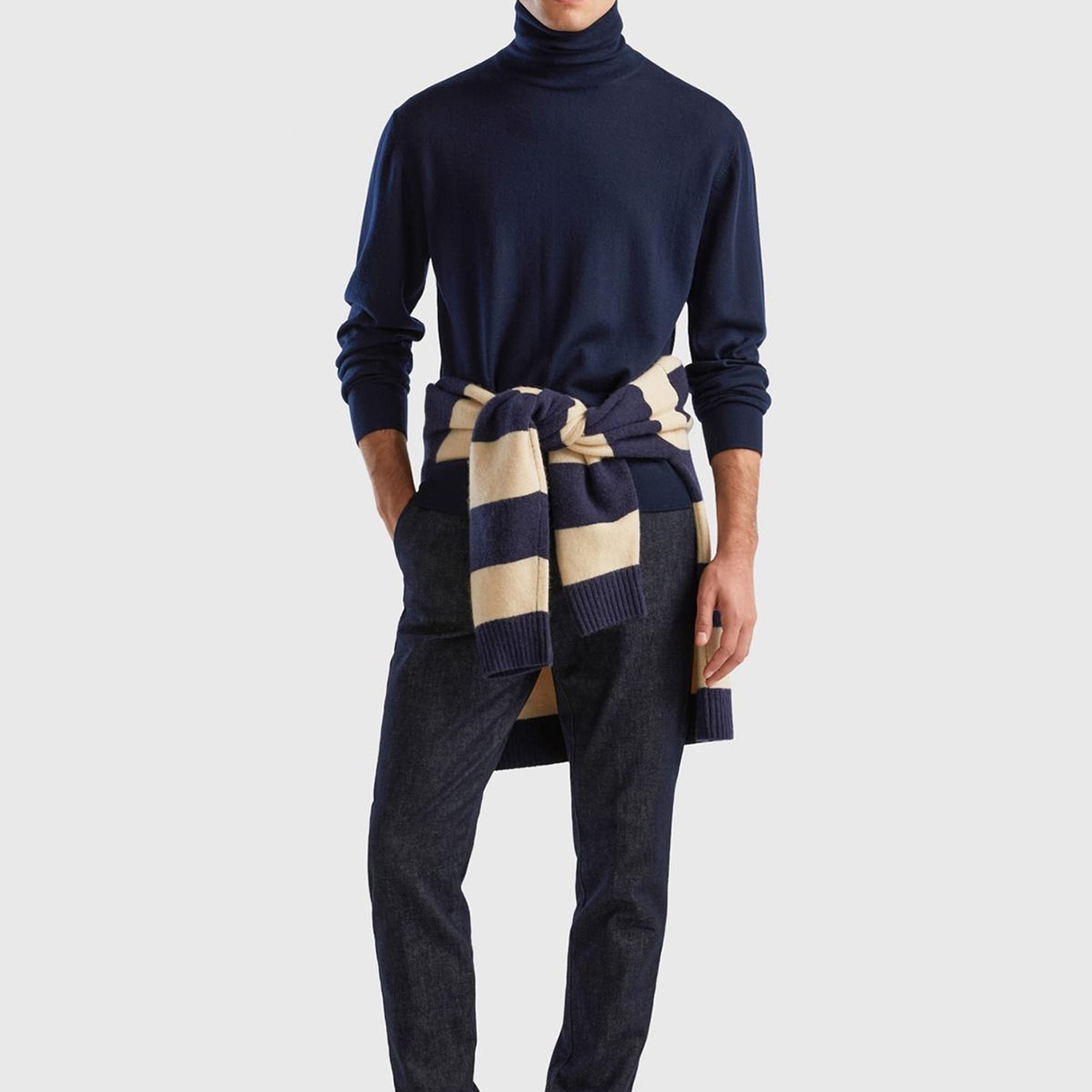 Erkek Lacivert %100 Extra Fine Merino Dik Yaka Kazak