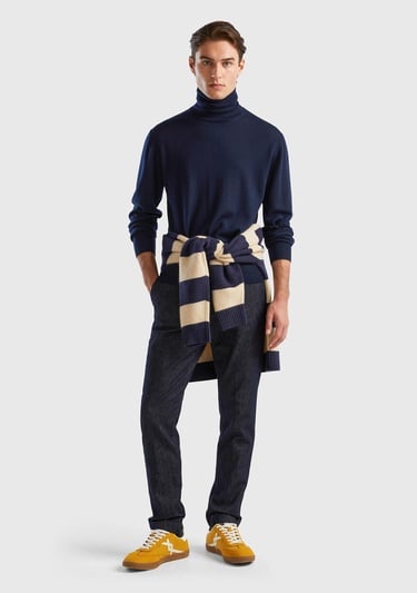  Erkek Lacivert %100 Extra Fine Merino Dik Yaka Kazak