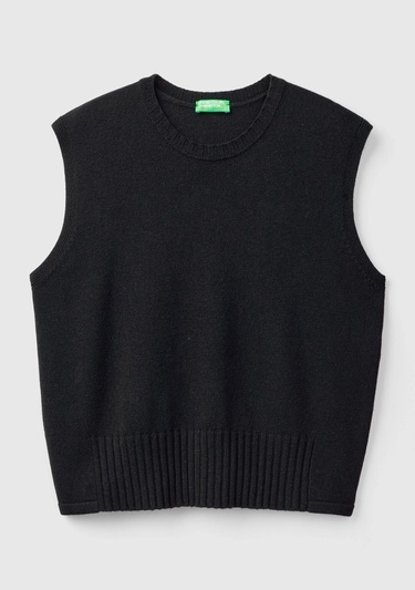  Kadın Siyah Yün ve Viskoz Karışımlı Bisiklet Yaka Kolsuz Kazak