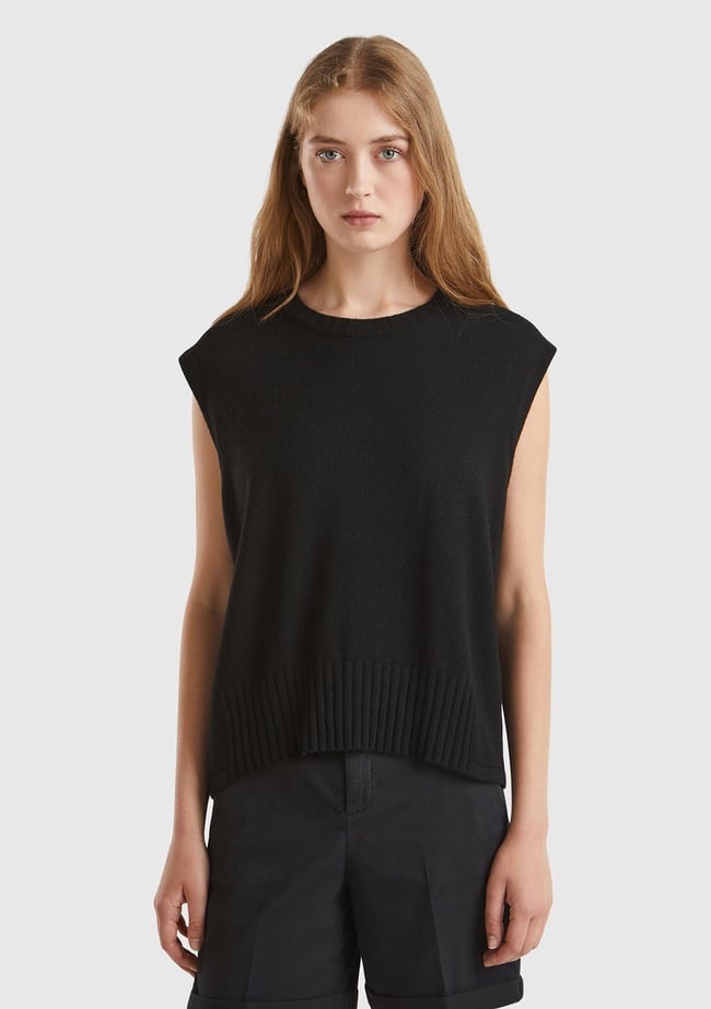  Kadın Siyah Yün ve Viskoz Karışımlı Bisiklet Yaka Kolsuz Kazak