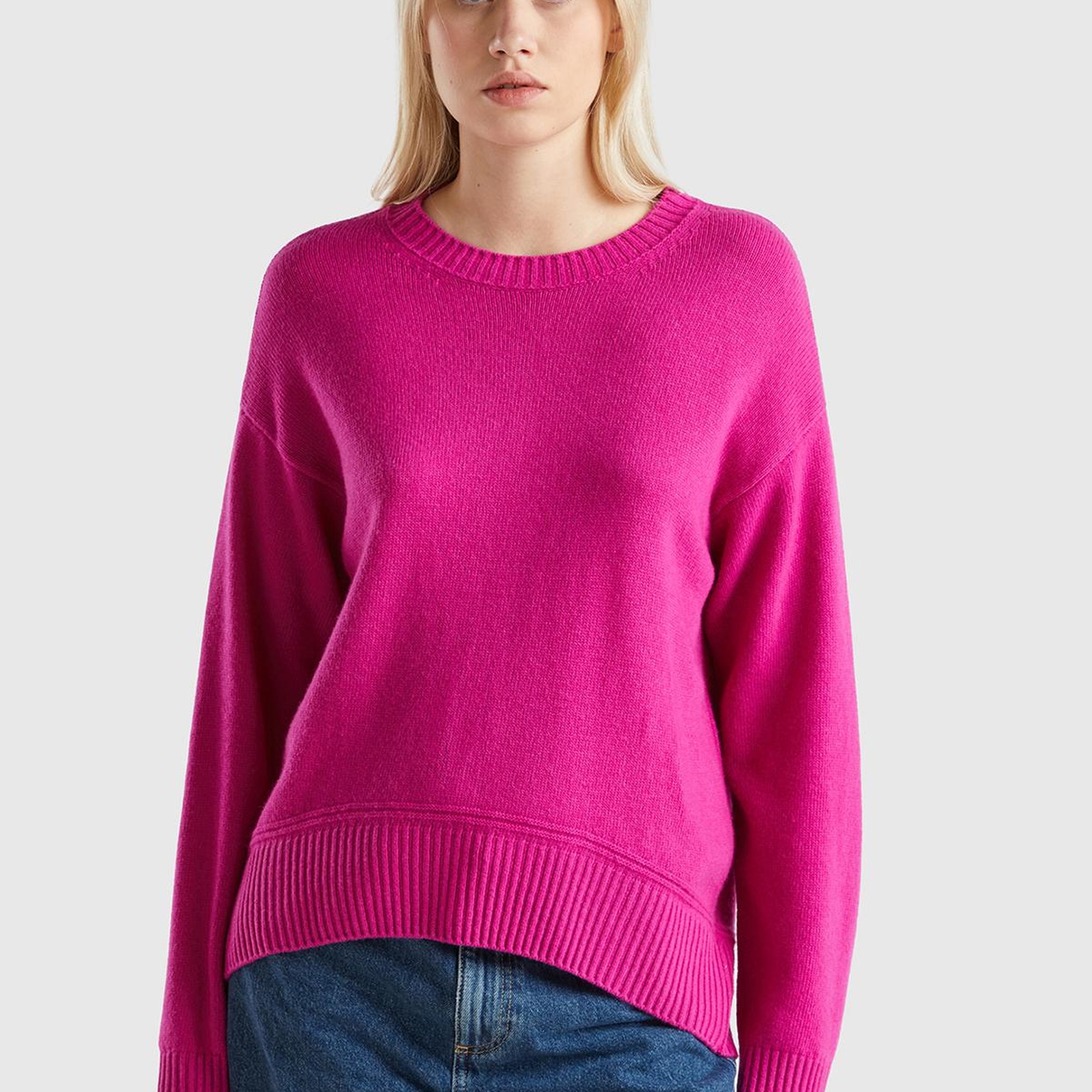 Kadın Fuşya Yün Karışımlı Alt Kısmı Geniş Bisiklet Yaka Kazak