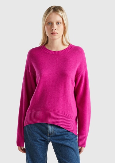  Kadın Fuşya Yün Karışımlı Alt Kısmı Geniş Bisiklet Yaka Kazak