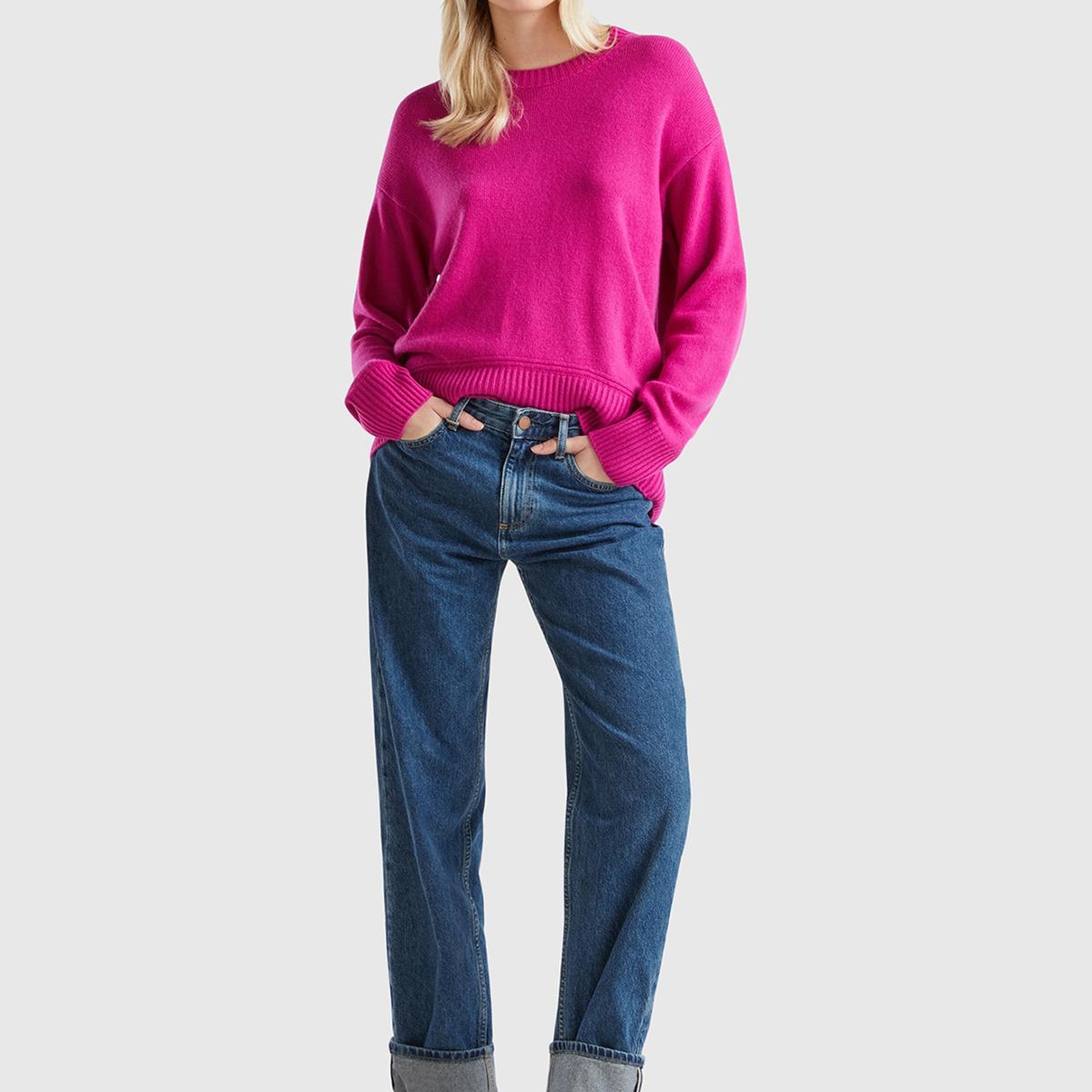 Kadın Fuşya Yün Karışımlı Alt Kısmı Geniş Bisiklet Yaka Kazak