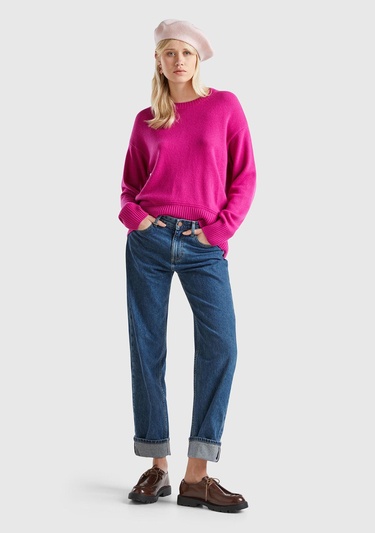  Kadın Fuşya Yün Karışımlı Alt Kısmı Geniş Bisiklet Yaka Kazak