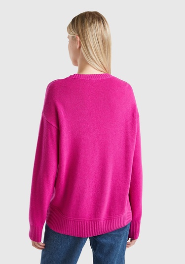  Kadın Fuşya Yün Karışımlı Alt Kısmı Geniş Bisiklet Yaka Kazak