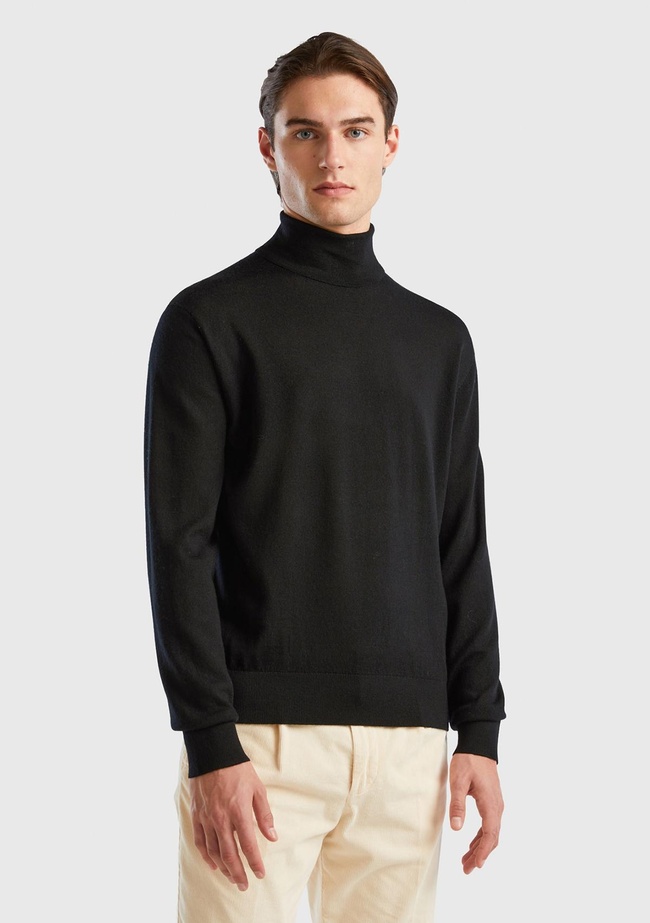  Erkek Siyah %100 Extra Fine Merino Dik Yaka Kazak