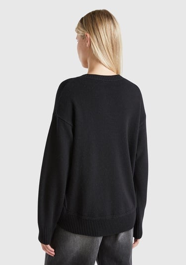  Kadın Siyah Yün Karışımlı Alt Kısmı Geniş Bisiklet Yaka Kazak