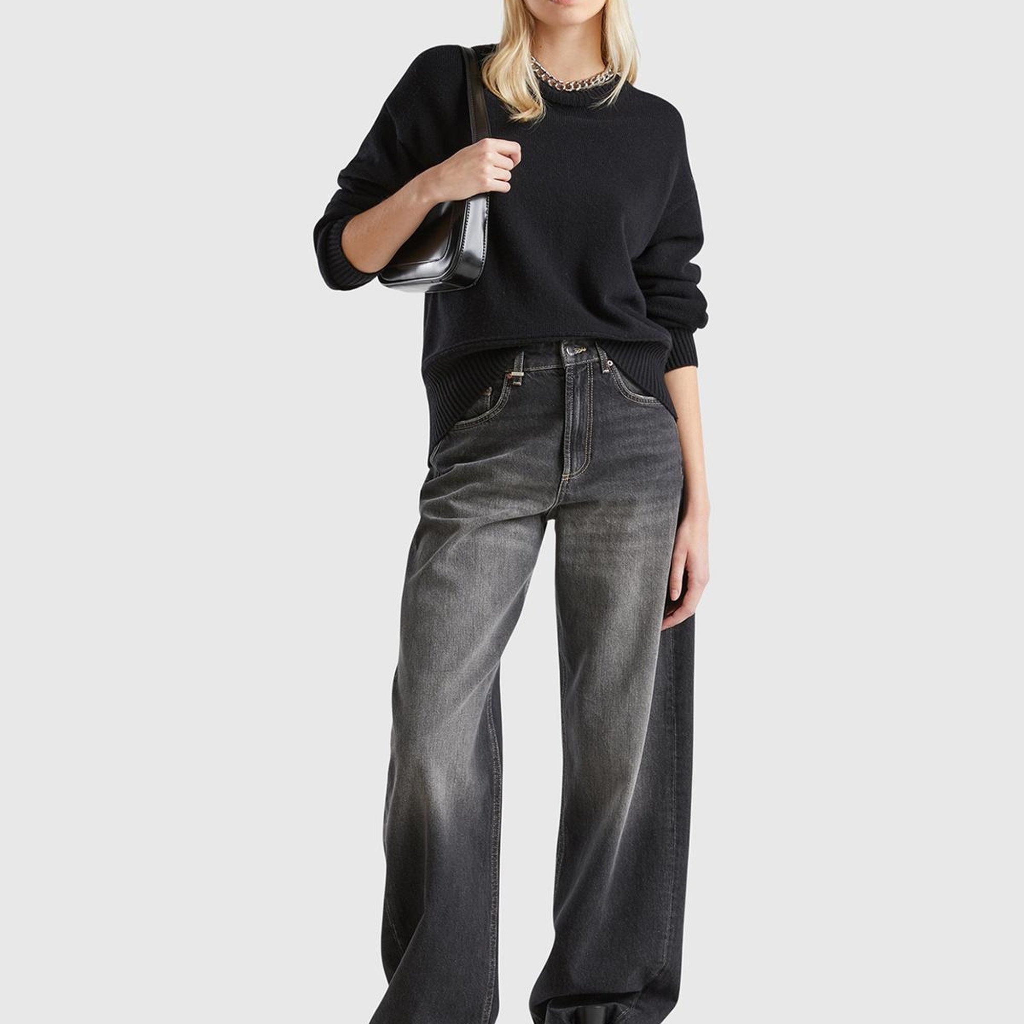 Kadın Siyah Yün Karışımlı Alt Kısmı Geniş Bisiklet Yaka Kazak