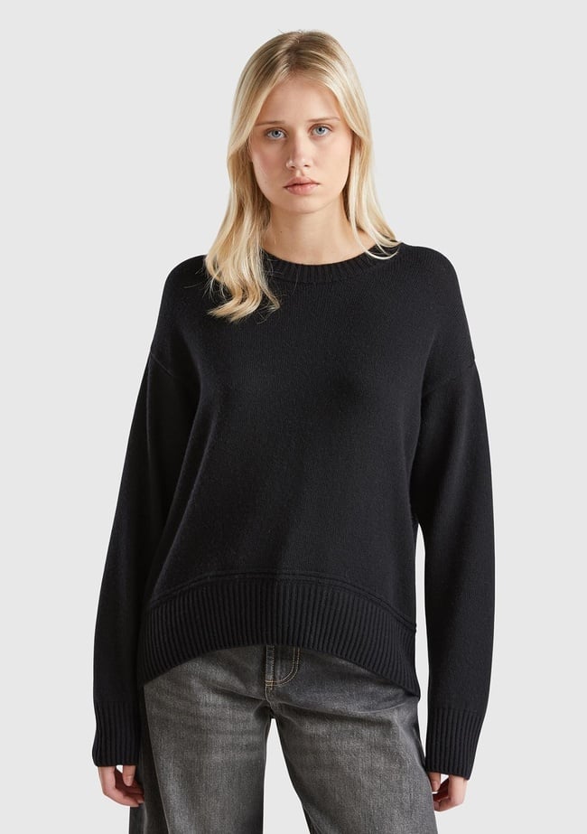  Kadın Siyah Yün Karışımlı Alt Kısmı Geniş Bisiklet Yaka Kazak