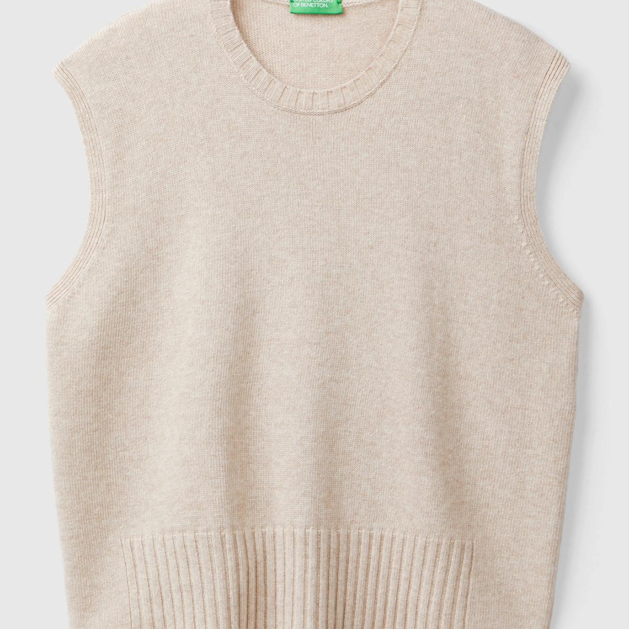 Kadın Bej Yün ve Viskoz Karışımlı Bisiklet Yaka Kolsuz Kazak