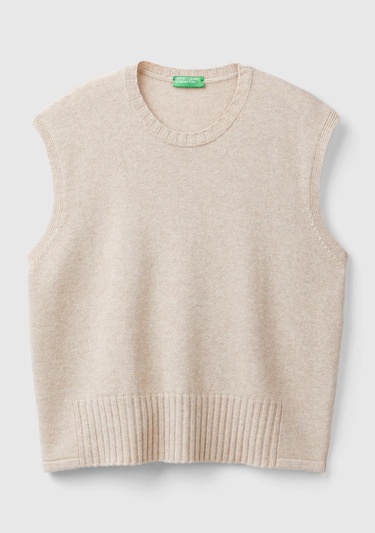  Kadın Bej Yün ve Viskoz Karışımlı Bisiklet Yaka Kolsuz Kazak