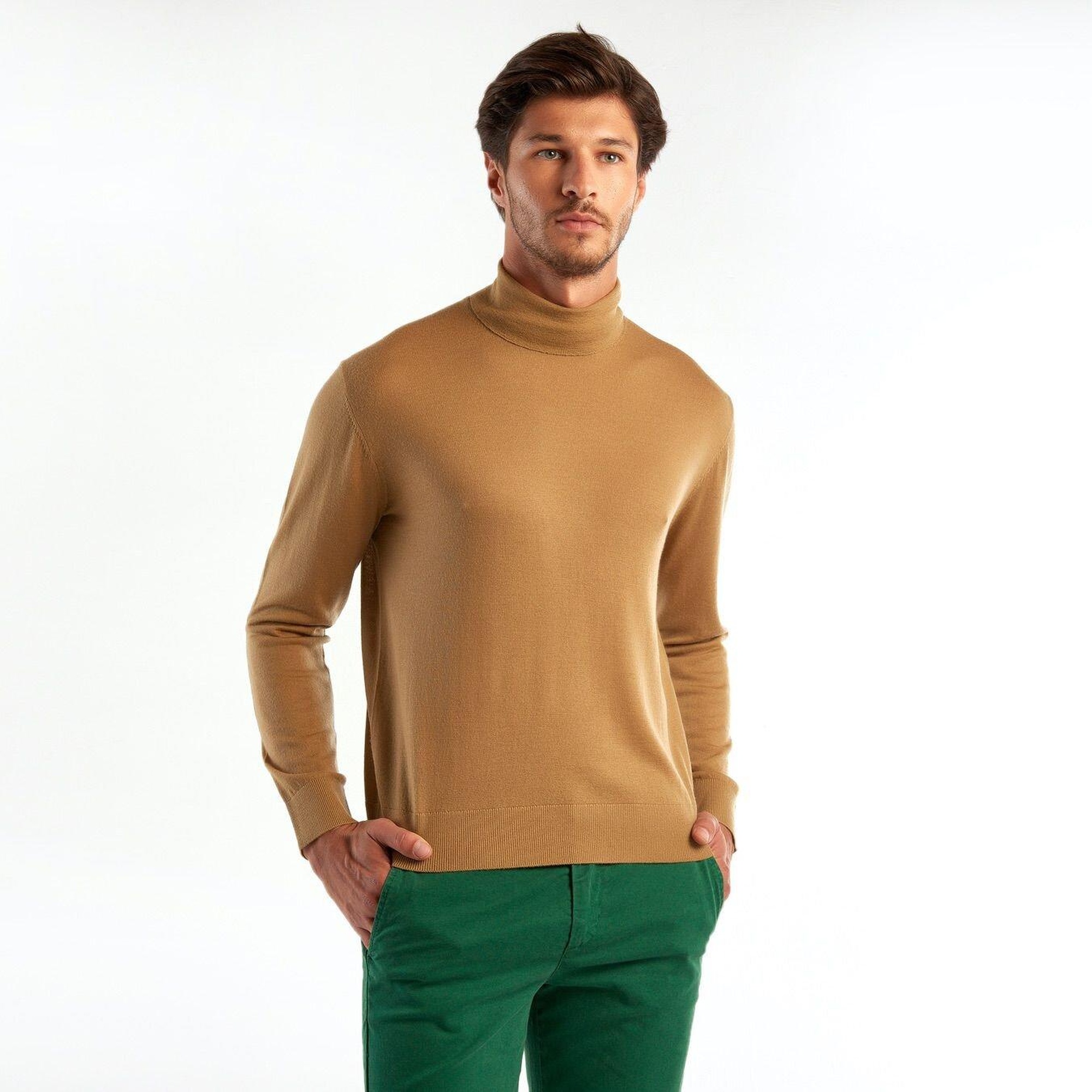 Erkek Taba %100 Extra Fine Merino Dik Yaka Kazak