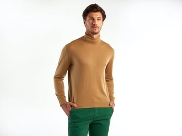  Erkek Taba %100 Extra Fine Merino Dik Yaka Kazak