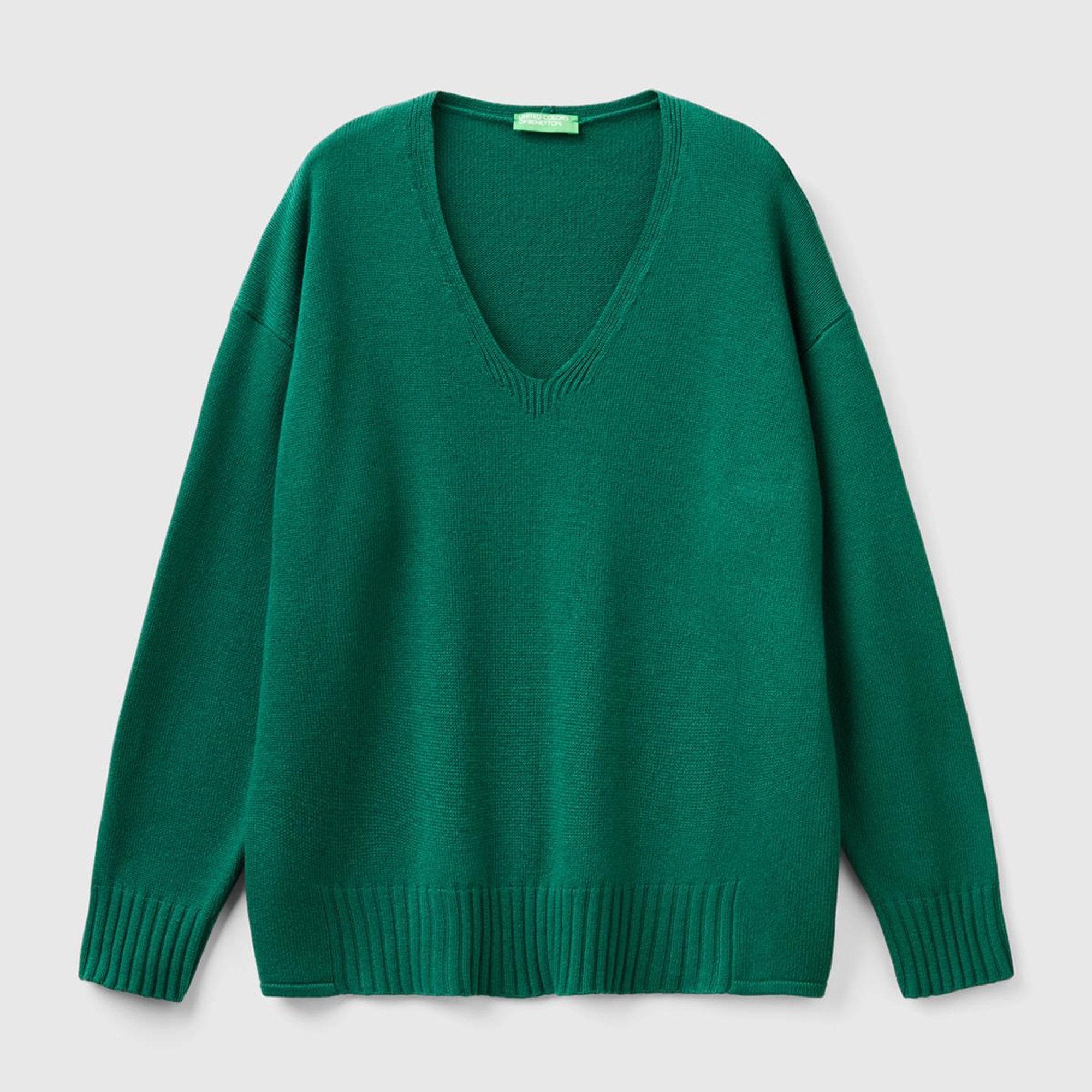 Kadın Koyu Yeşil Yün ve Viskoz Karışımlı Ribana Detaylı V Yaka Kazak