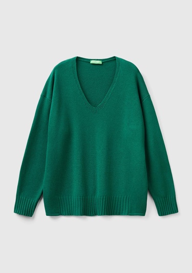  Kadın Koyu Yeşil Yün ve Viskoz Karışımlı Ribana Detaylı V Yaka Kazak